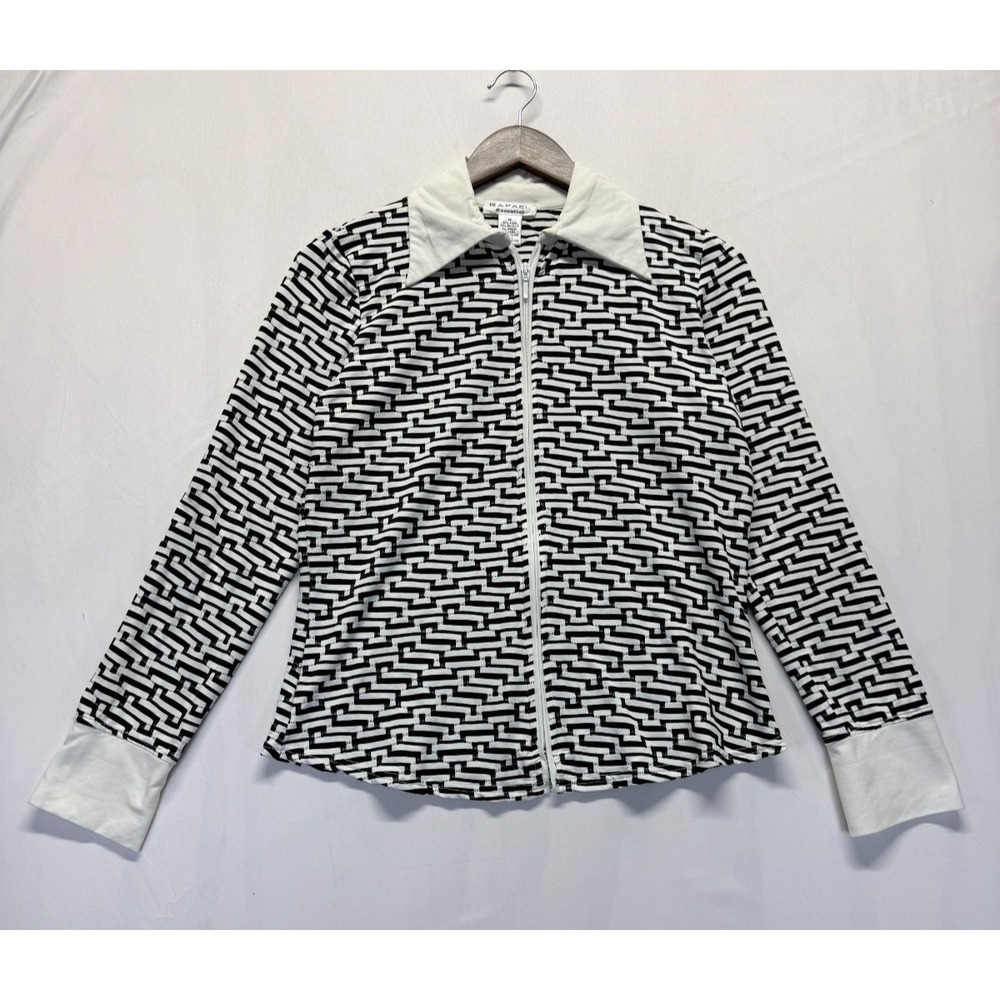 Rafael Essential Shirt Womens Medium White Black Geometric Print Nylon Full Zip